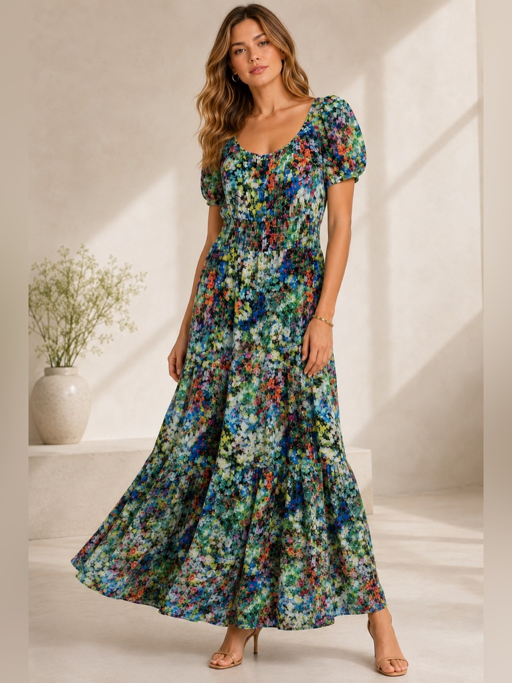 Atelier Floral Watercolor Smocked Waist Puff Sleeve Maxi Dress Size 6